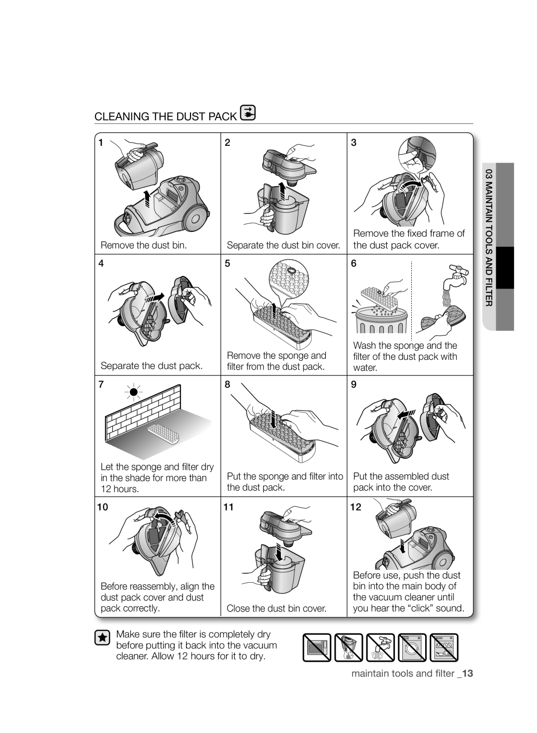 Samsung VCC8850H3R/XEE, VCC8850H3B/XEE manual Cleaning the Dust Pack, Filter from the dust pack Water 