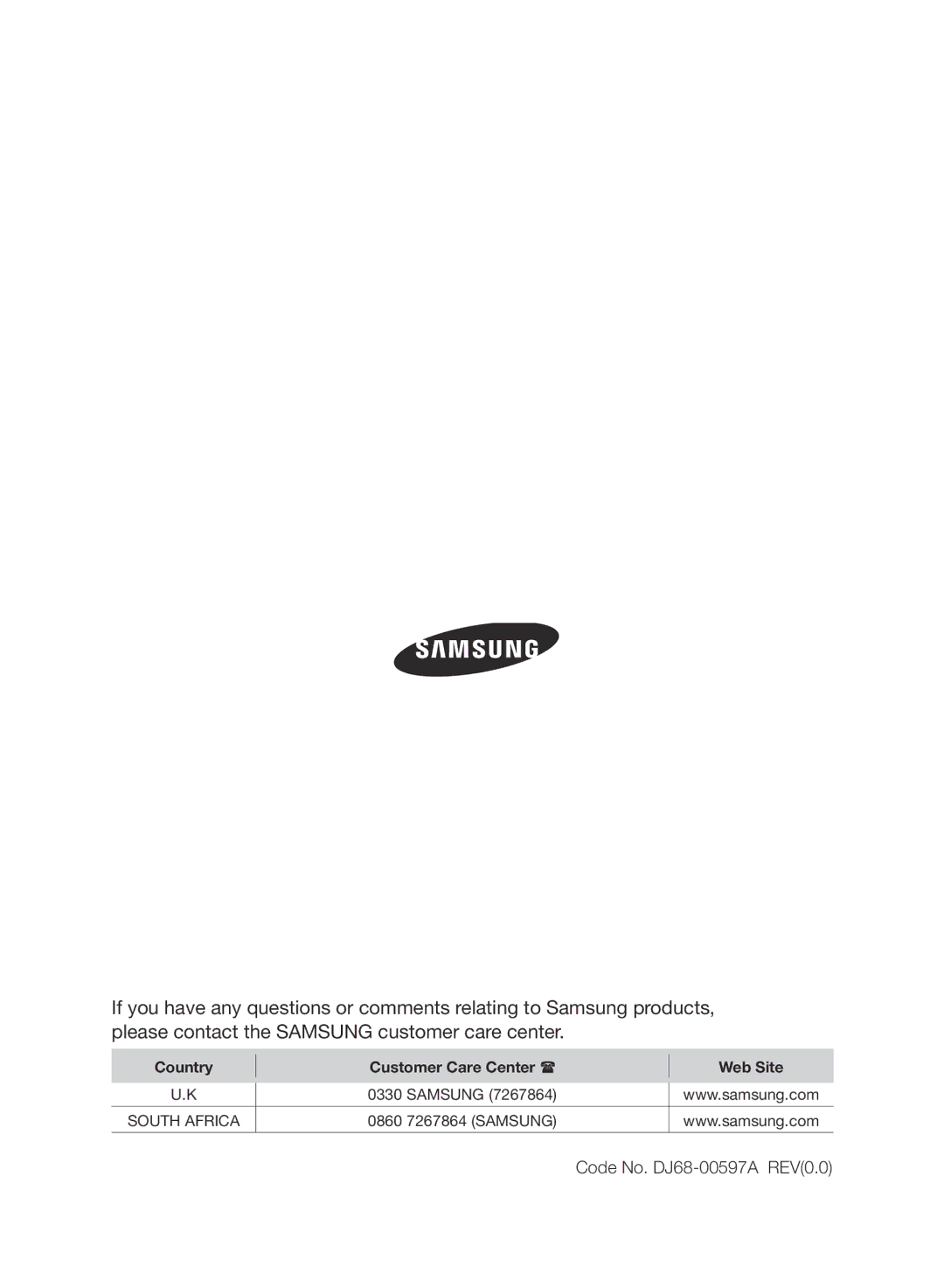 Samsung VCC8850H3B/XEE, VCC8850H3R/XEE manual Code No. DJ68-00597A REV0.0 