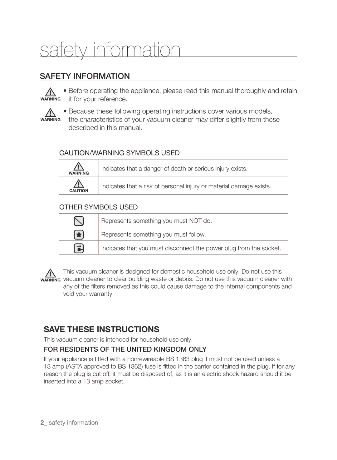 Samsung VCC8850H3B/XEE, VCC8850H3R/XEE manual Safety information, Safety Information, Other Symbols Used 