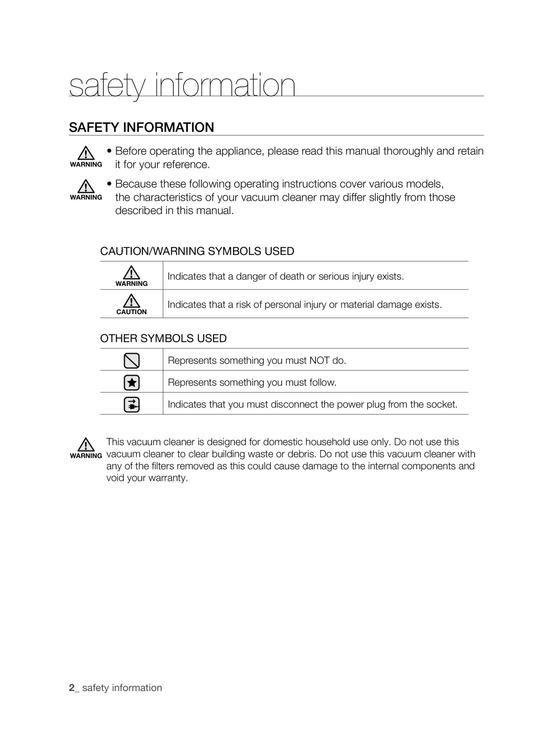 Samsung VCC8870H3B/SML manual Safety information, Safety Information, Other Symbols Used 