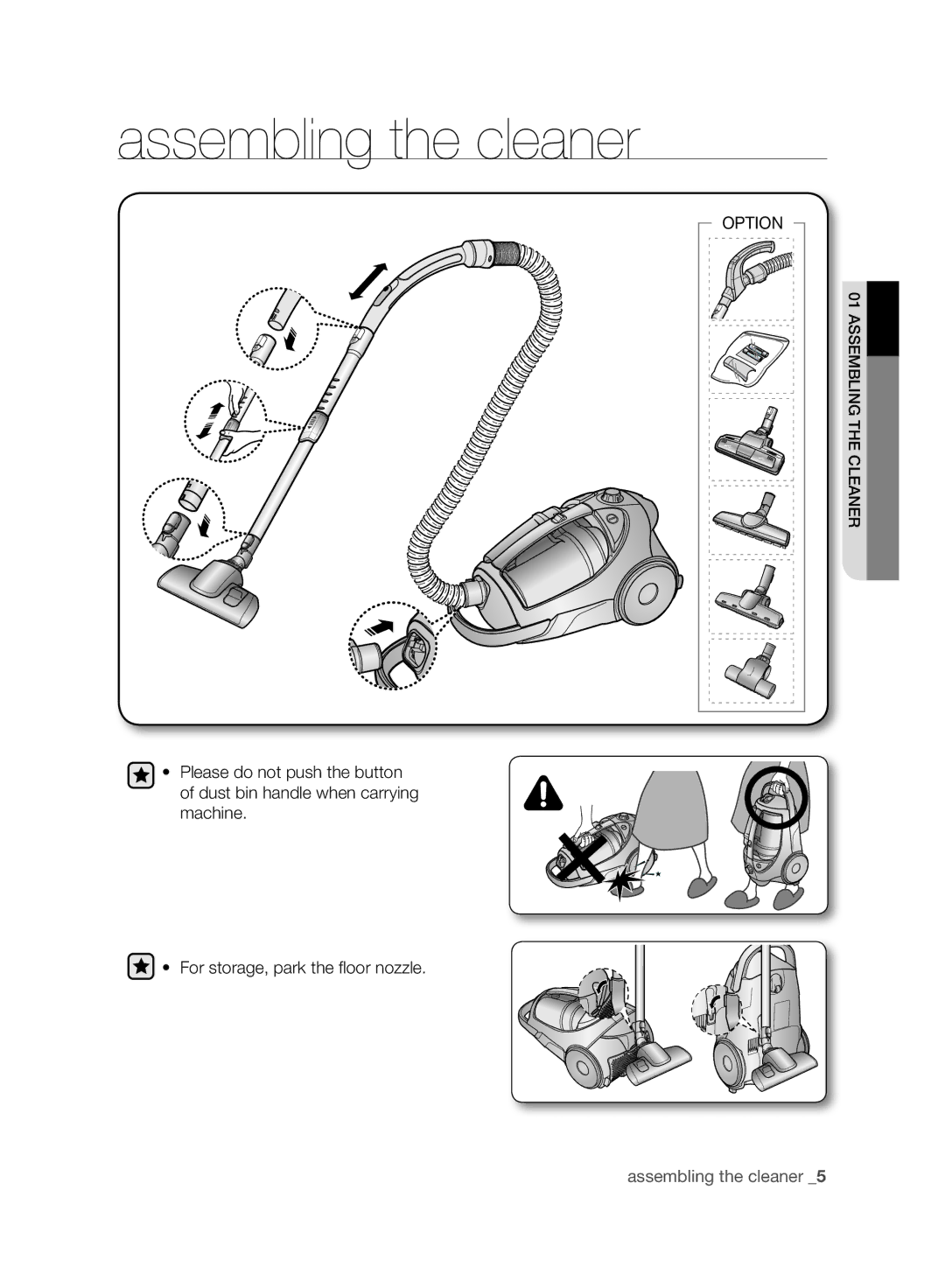 Samsung VCC8870H3B/SML manual Assembling the cleaner, For storage, park the ﬂ oor nozzle 