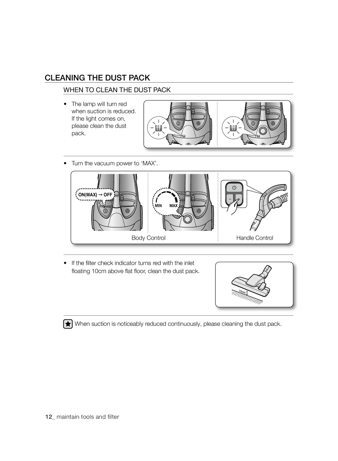 Samsung VCC88L0H31/XEG, VCC88L0H31/XET, VCC88L0H32/XEN Cleaning the Dust Pack, When to Clean the Dust Pack, Body Control 