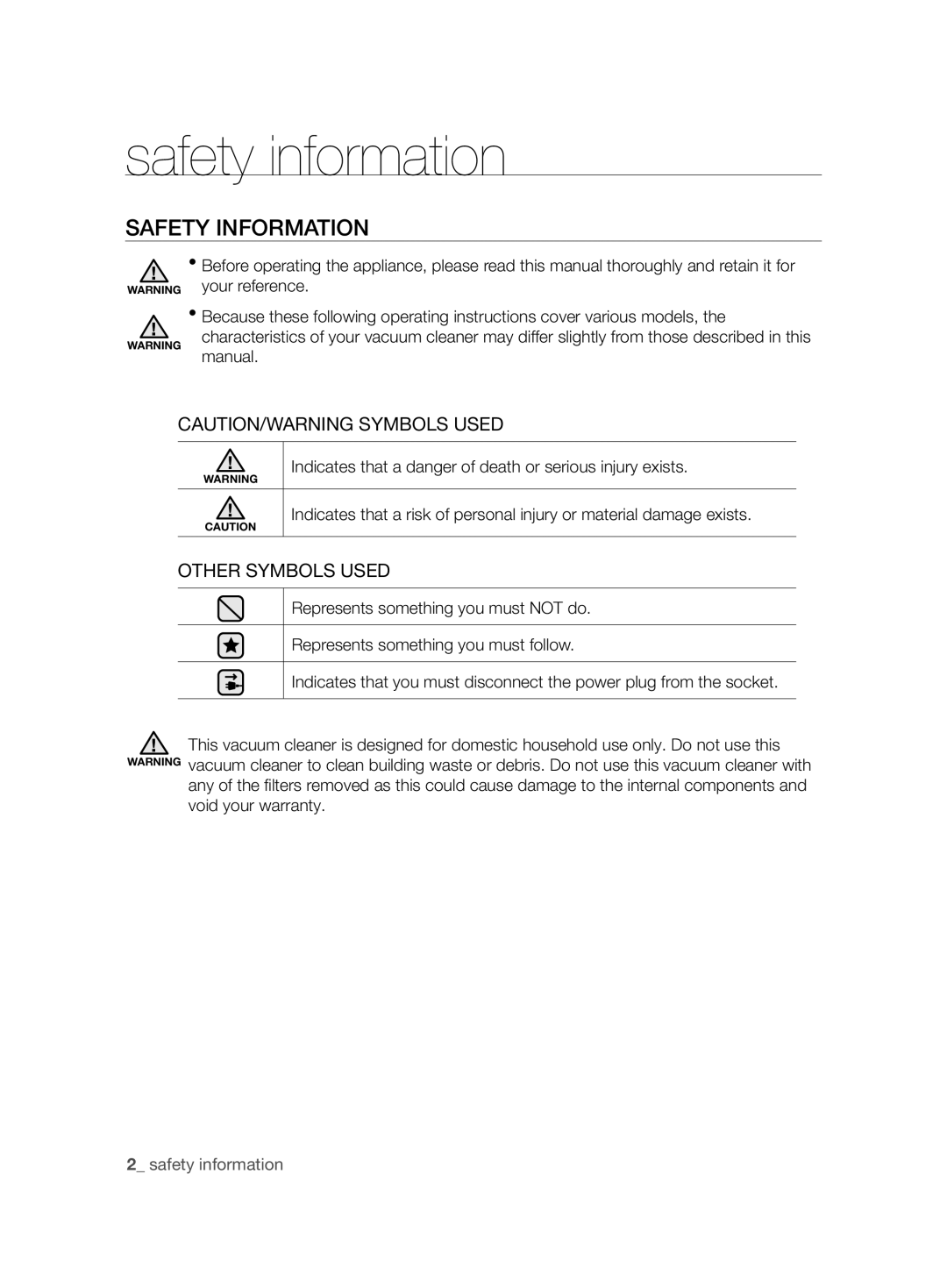 Samsung VCC88L0H32/XEN, VCC88L0H31/XEG, VCC88L0H31/XET manual Safety information, Safety Information, Other Symbols Used 