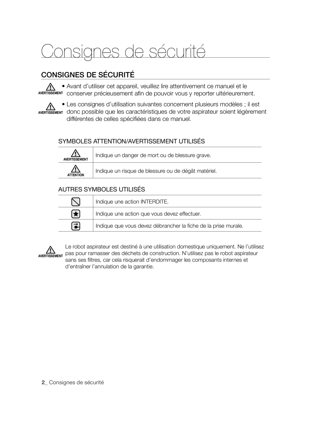 Samsung VCC88L0H31/XEG manual Consignes de sécurité, Consignes DE Sécurité, Symboles ATTENTION/AVERTISSEMENT Utilisés 