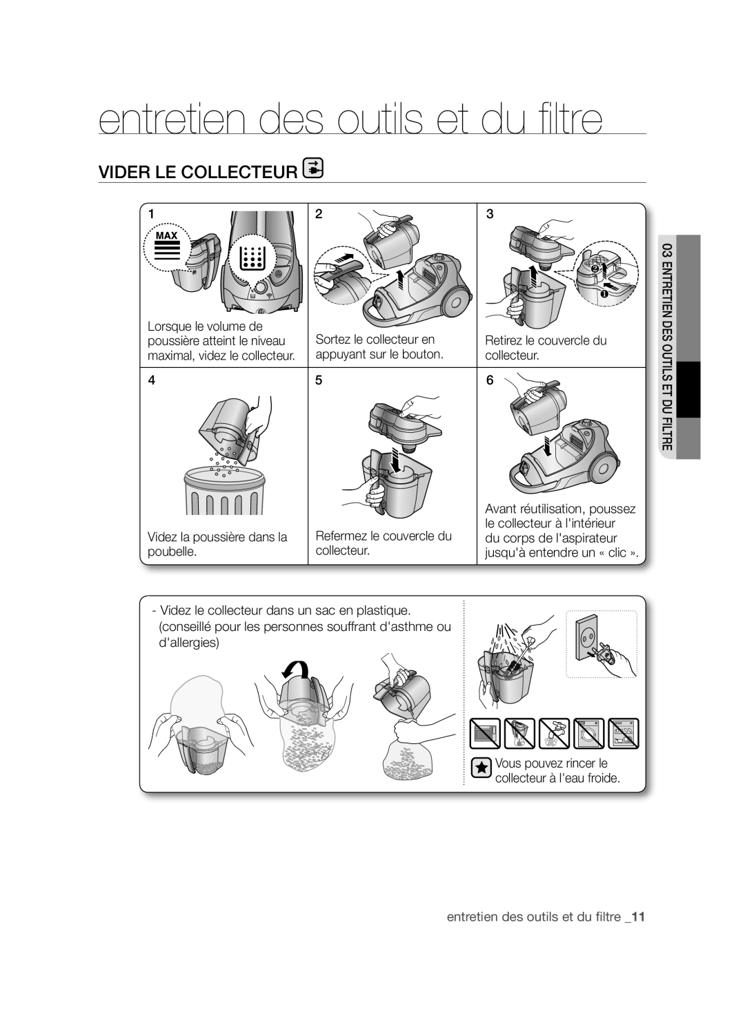 Samsung VCC88L0H31/XET, VCC88L0H31/XEG, VCC88L0H32/XEN Vider LE Collecteur, Lorsque le volume de Sortez le collecteur en 