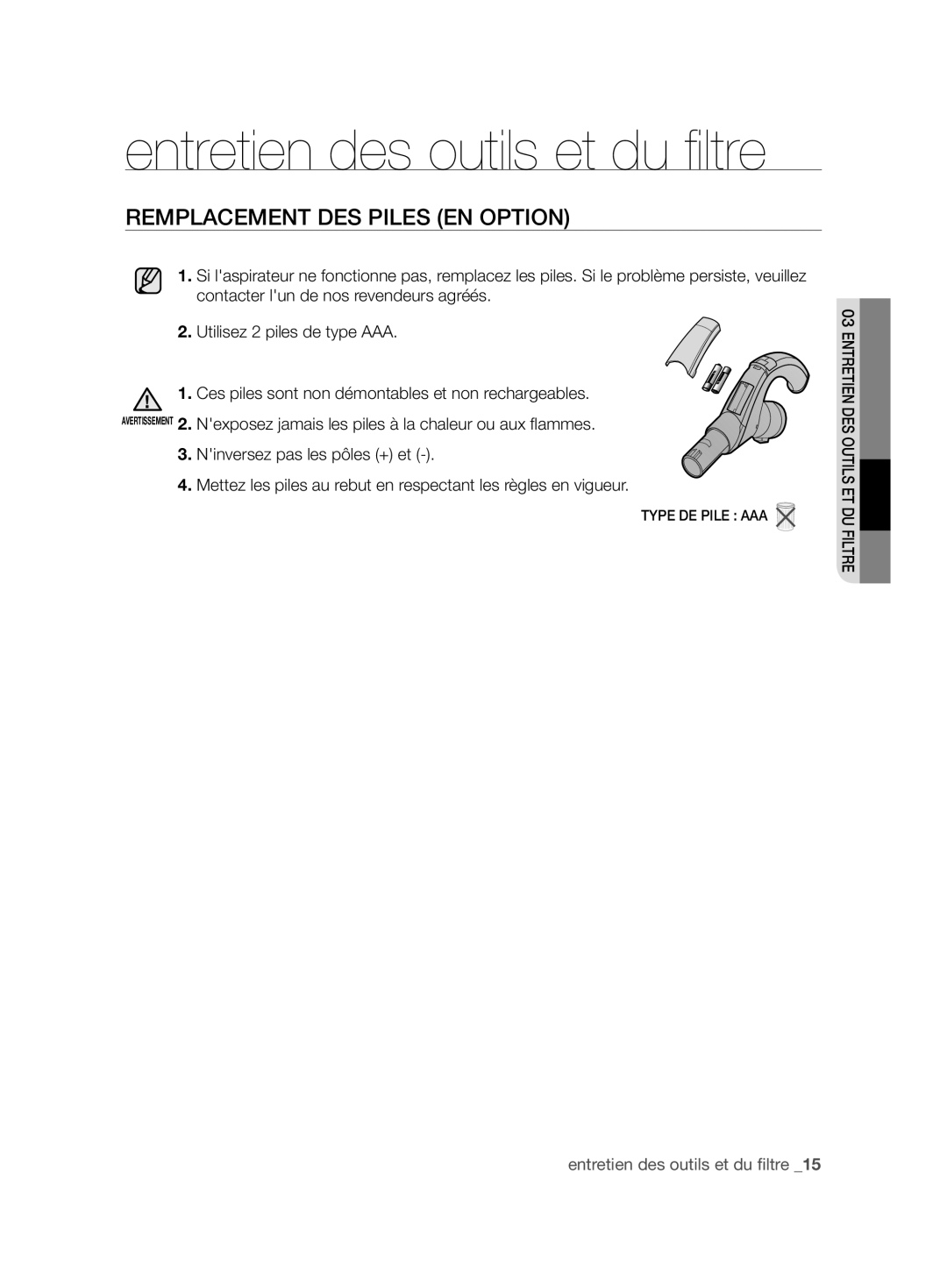 Samsung VCC88L0H31/XET, VCC88L0H31/XEG, VCC88L0H32/XEN, VCC88H0V3B/XEF manual Remplacement DES Piles EN Option 