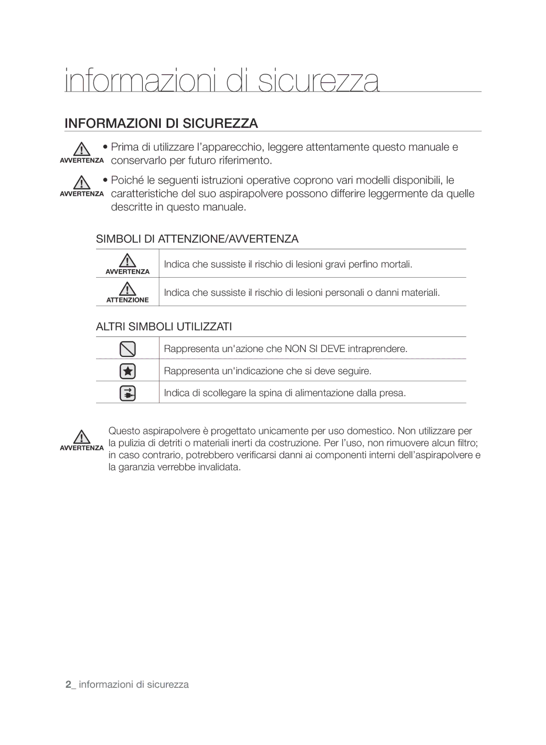 Samsung VCC88L0H31/XET manual Informazioni di sicurezza, Informazioni DI Sicurezza, Simboli DI ATTENZIONE/AVVERTENZA 