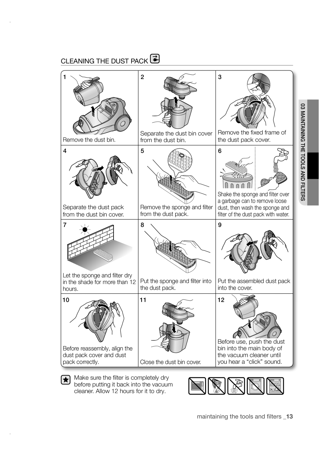 Samsung VCC88P0H1B user manual Cleaning the Dust Pack 