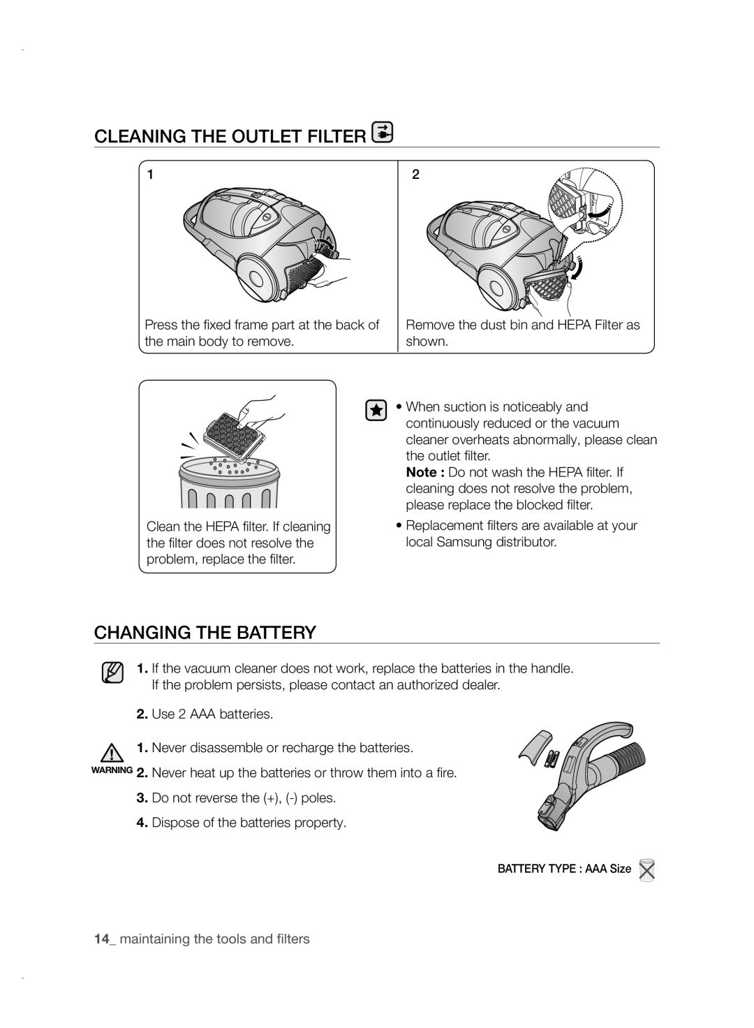 Samsung VCC88P0H1B user manual Cleaning the Outlet Filter, Changing the Battery, Do not reverse the +, poles 