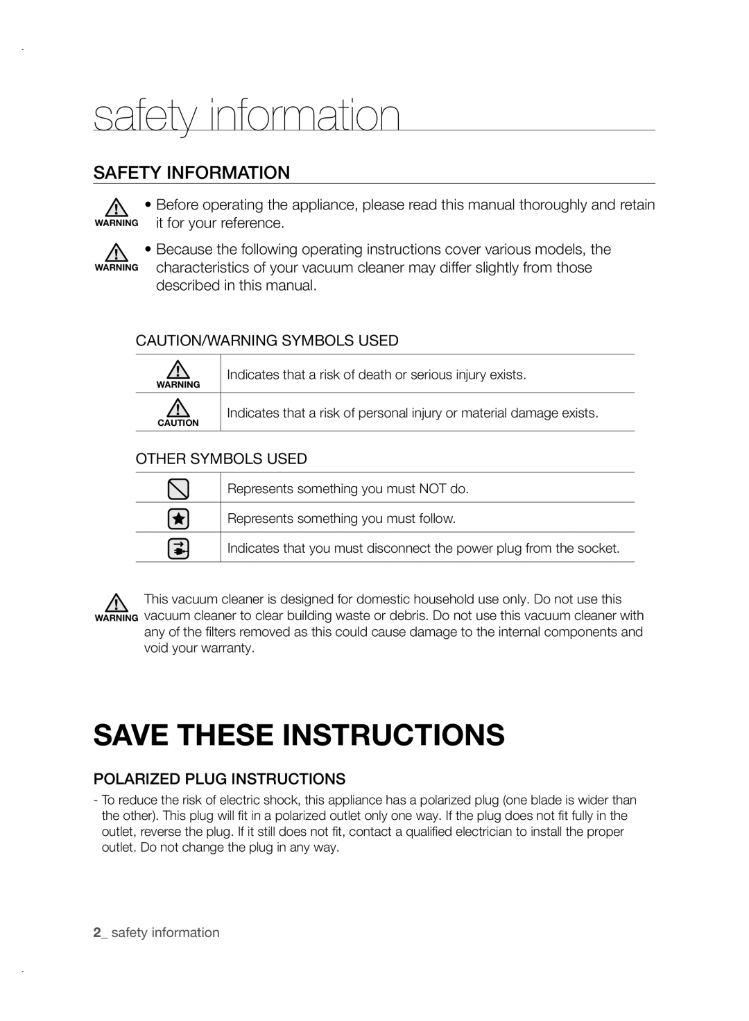 Samsung VCC88P0H1B user manual Safety information, Safety Information, Other Symbols Used, Polarized Plug Instructions 