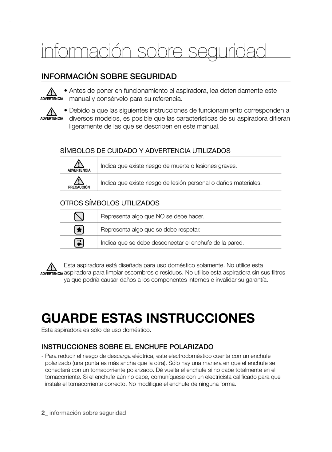 Samsung VCC88P0H1B Información sobre seguridad, Información Sobre Seguridad, Símbolos DE Cuidado Y Advertencia Utilizados 