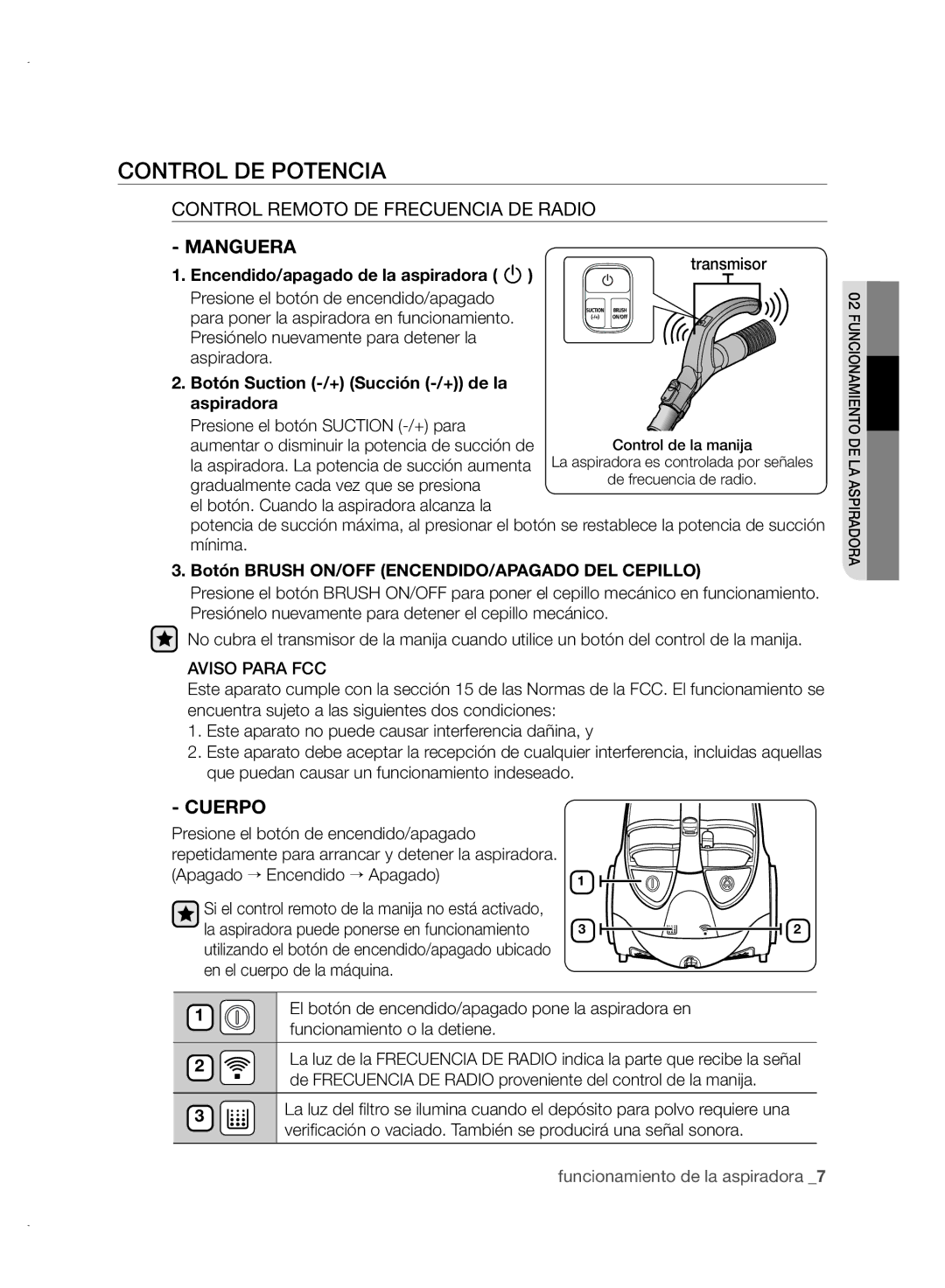 Samsung VCC88P0H1B user manual Control DE Potencia, Control Remoto DE Frecuencia DE Radio, Manguera, Cuerpo 