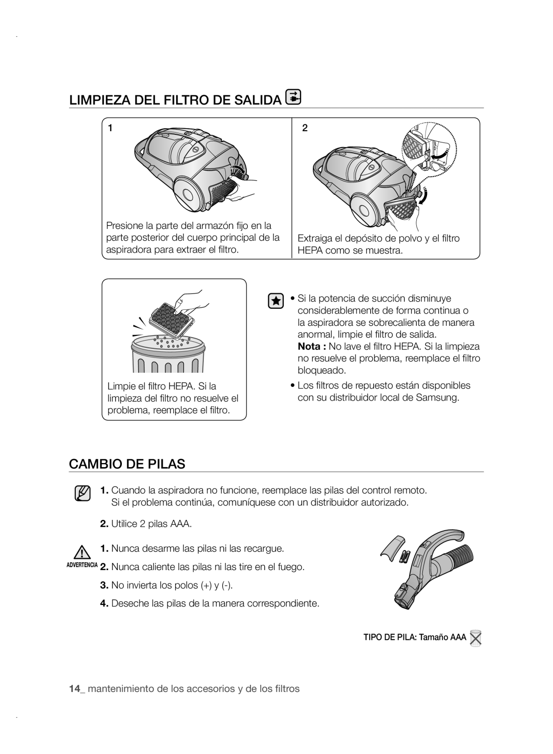 Samsung VCC88P0H1B user manual Limpieza DEL Filtro DE Salida, Cambio DE Pilas 