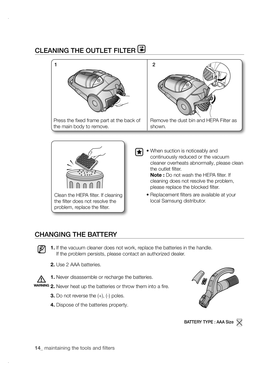 Samsung VCC88P0H1B user manual Cleaning The Outlet Filter, Changing The Battery, maintaining the tools and ﬁlters 