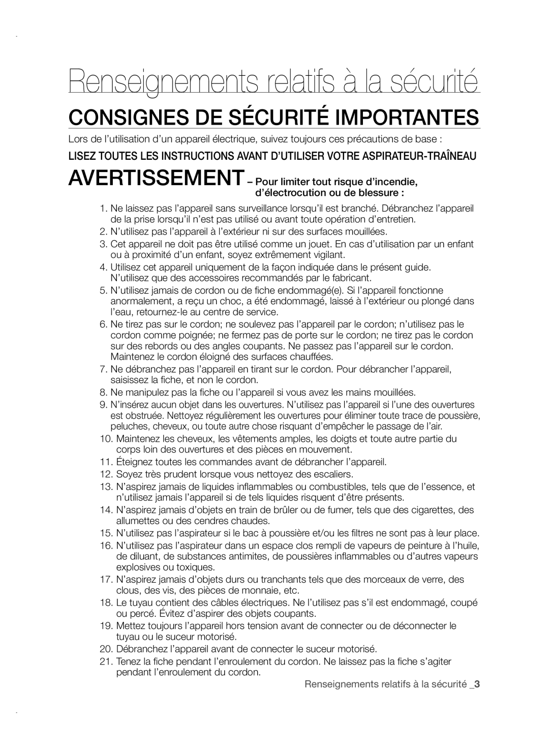 Samsung VCC88P0H1B user manual Consignes De Sécurité Importantes, Renseignements relatifs à la sécurité 