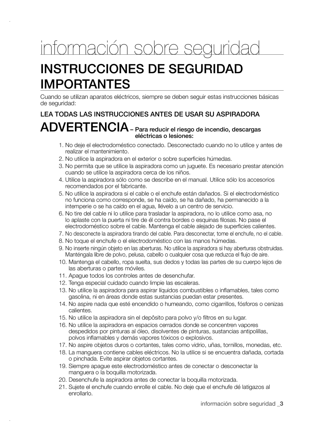 Samsung VCC88P0H1B user manual Instrucciones De Seguridad Importantes, información sobre seguridad 