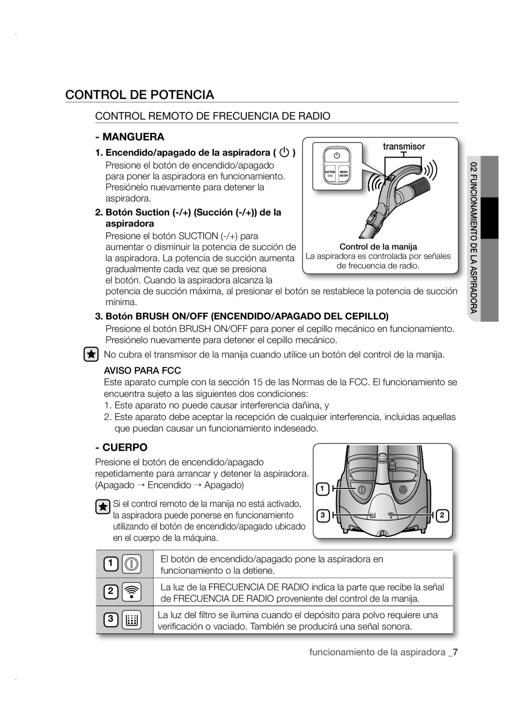 Samsung VCC88P0H1B user manual Control De Potencia, Control Remoto De Frecuencia De Radio, Manguera, Cuerpo 