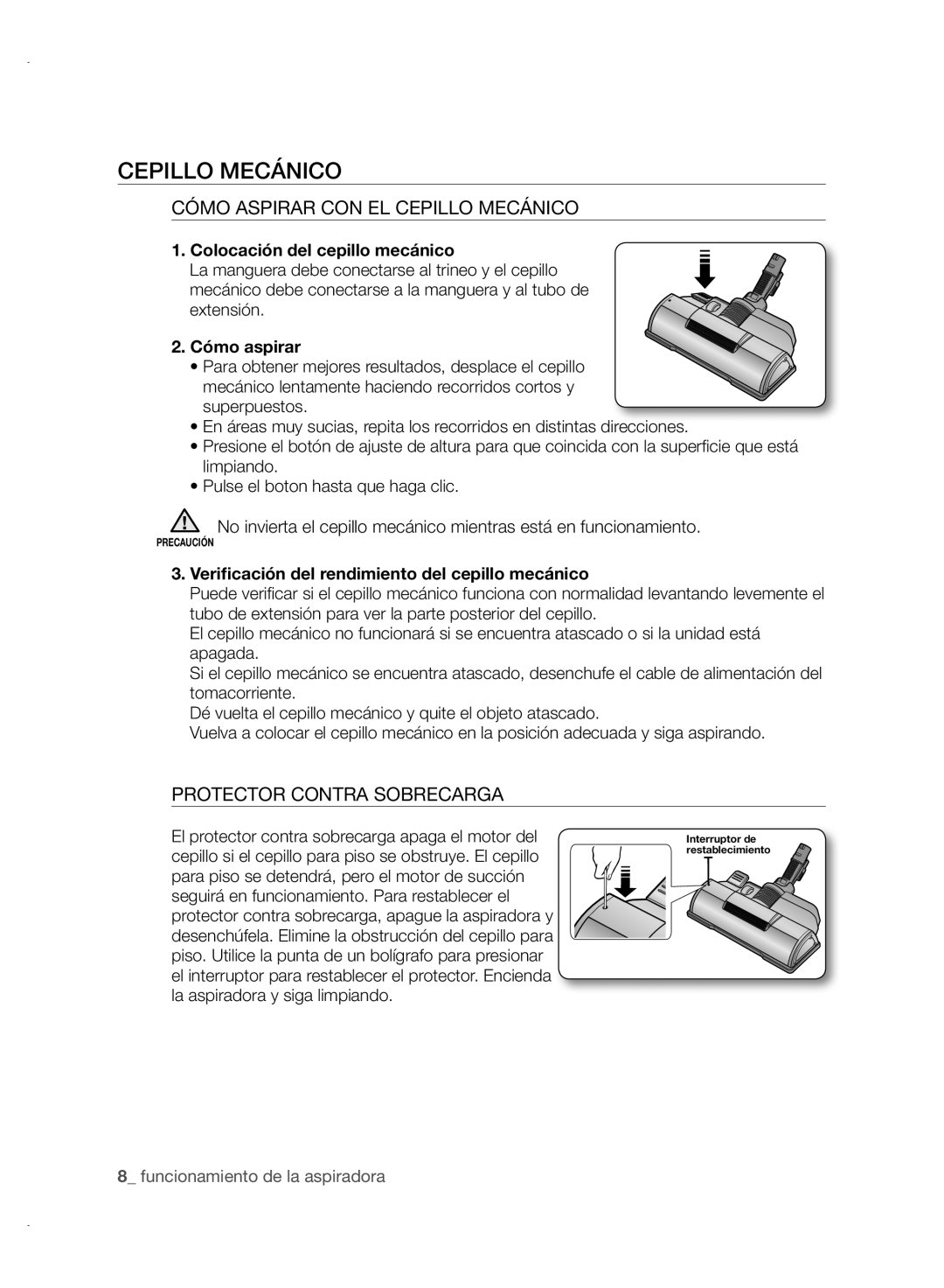 Samsung VCC88P0H1B Cómo Aspirar Con El Cepillo Mecánico, Protector Contra Sobrecarga, Colocación del cepillo mecánico 