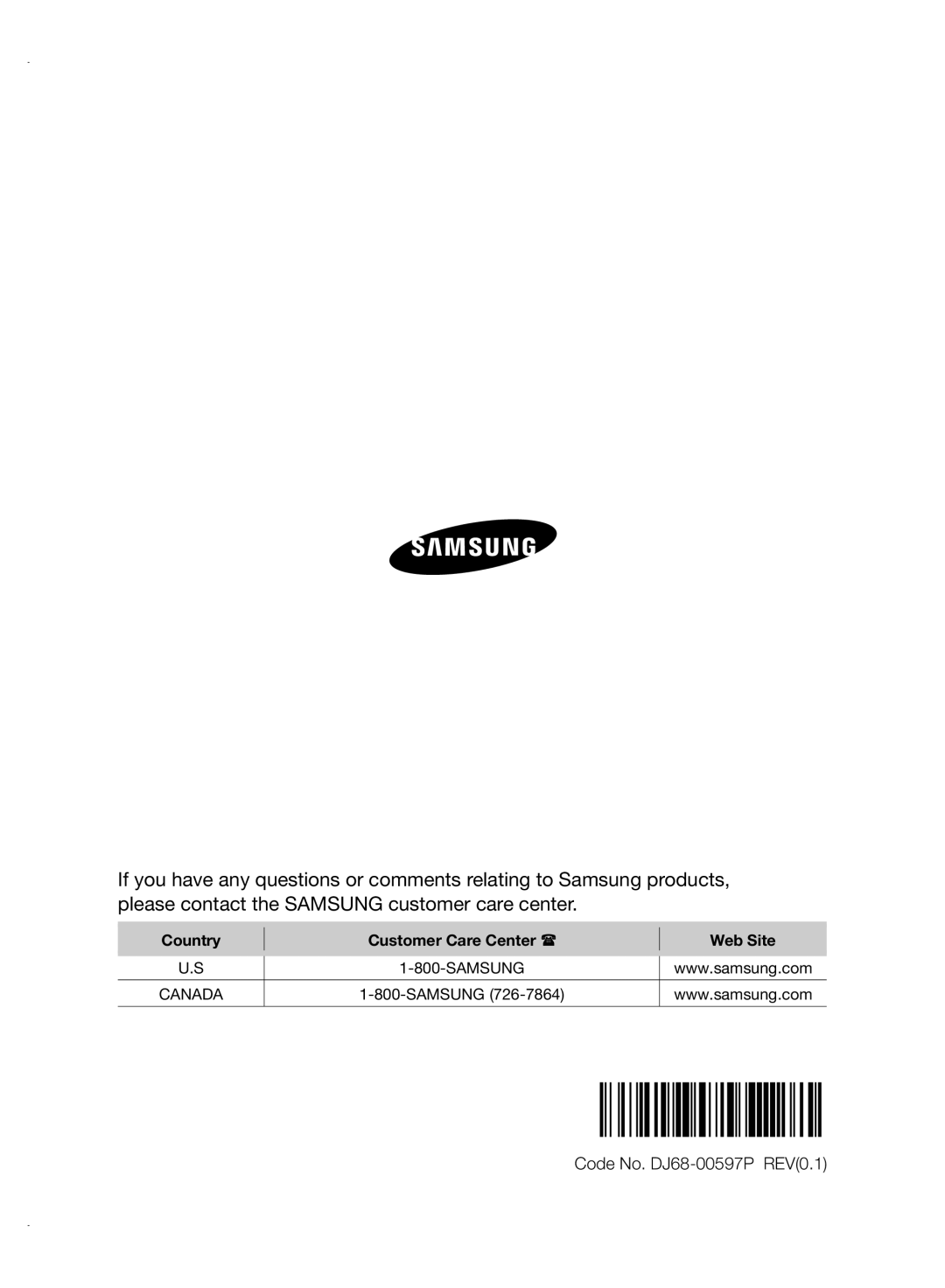 Samsung VCC88P0H1B user manual Code No. DJ68-00597PREV0.1, Country, Customer Care Center, Web Site 