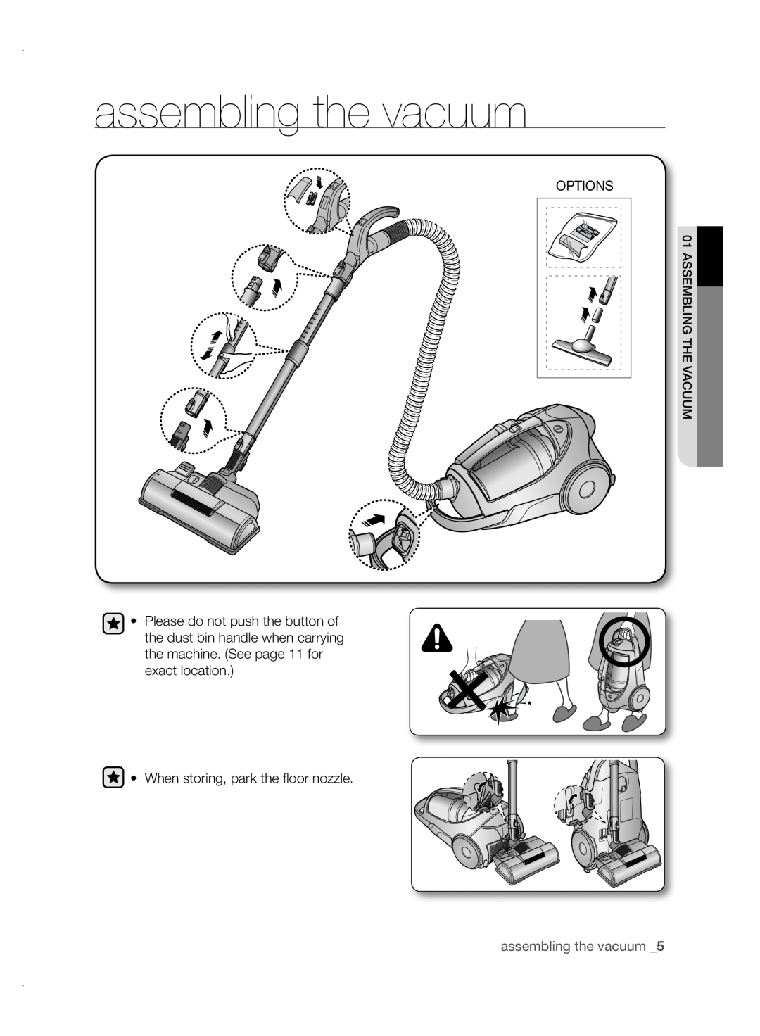 Samsung VCC88P0H1B user manual assembling the vacuum, Options, When storing, park the ﬂ oor nozzle 