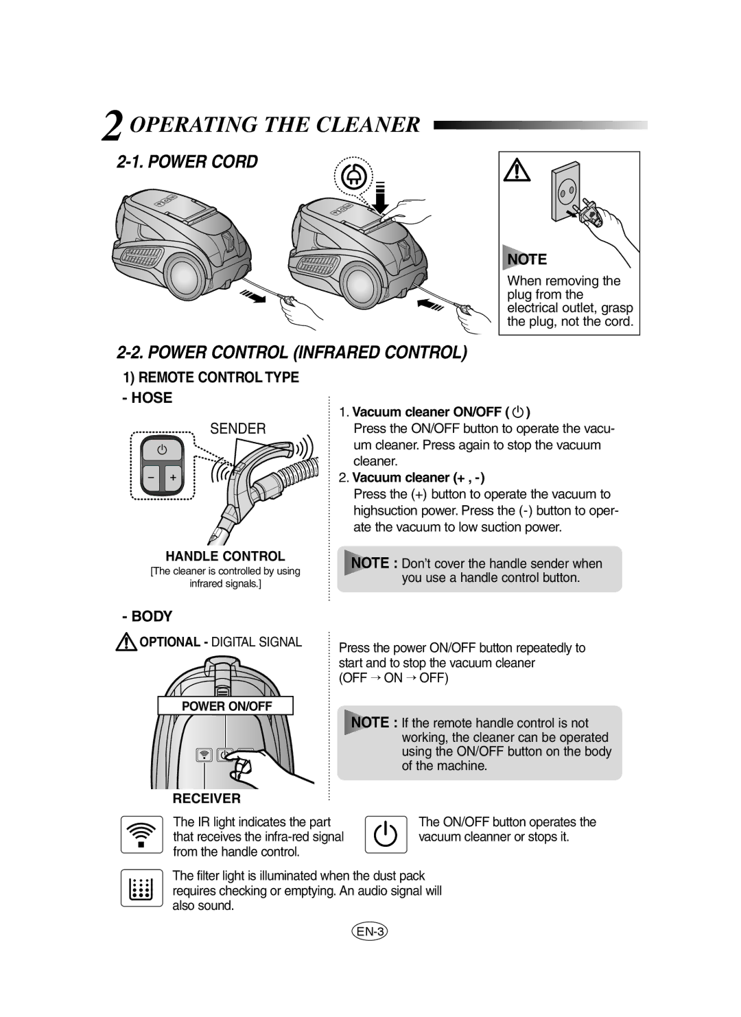 Samsung VCC9150H31/BOL, VCC9150H31/XEH, VCC91E0H3G/BOL manual 2OPERATING the Cleaner, Power Control Infrared Control 