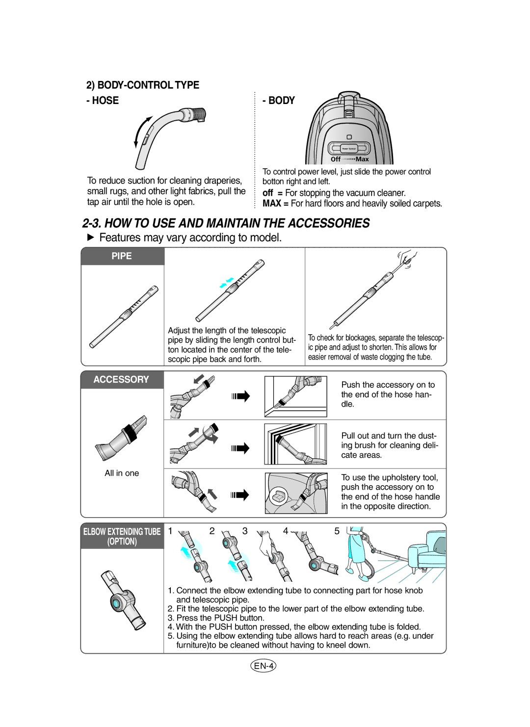 Samsung VCC9150H31/XEH, VCC9150H31/BOL, VCC91E0H3G/BOL, VCC91E0H3G/XEH manual HOW to USE and Maintain the Accessories 