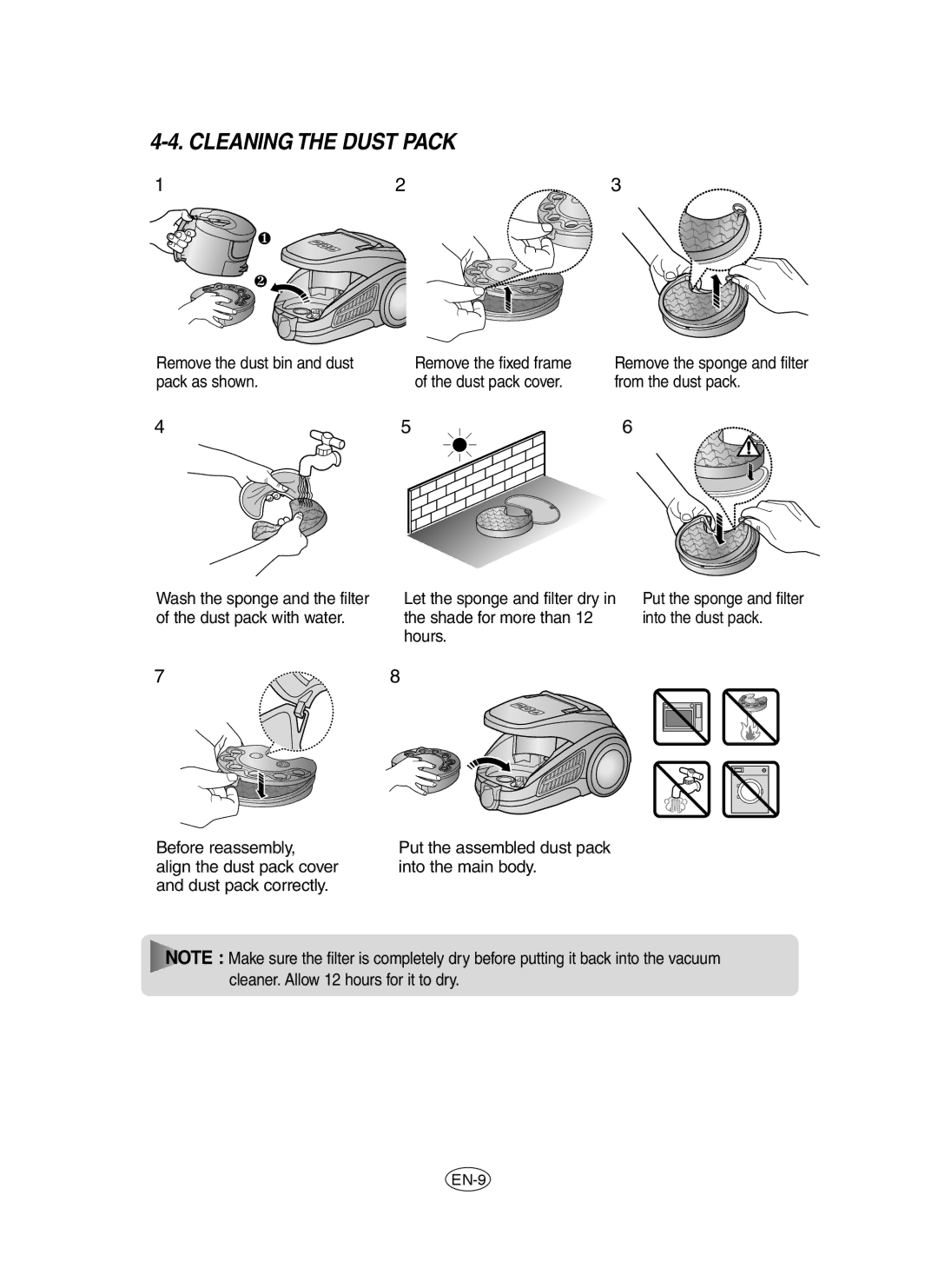 Samsung VCC91E0H3G/BOL, VCC9150H31/BOL, VCC9150H31/XEH, VCC91E0H3G/XEH manual Cleaning the Dust Pack 