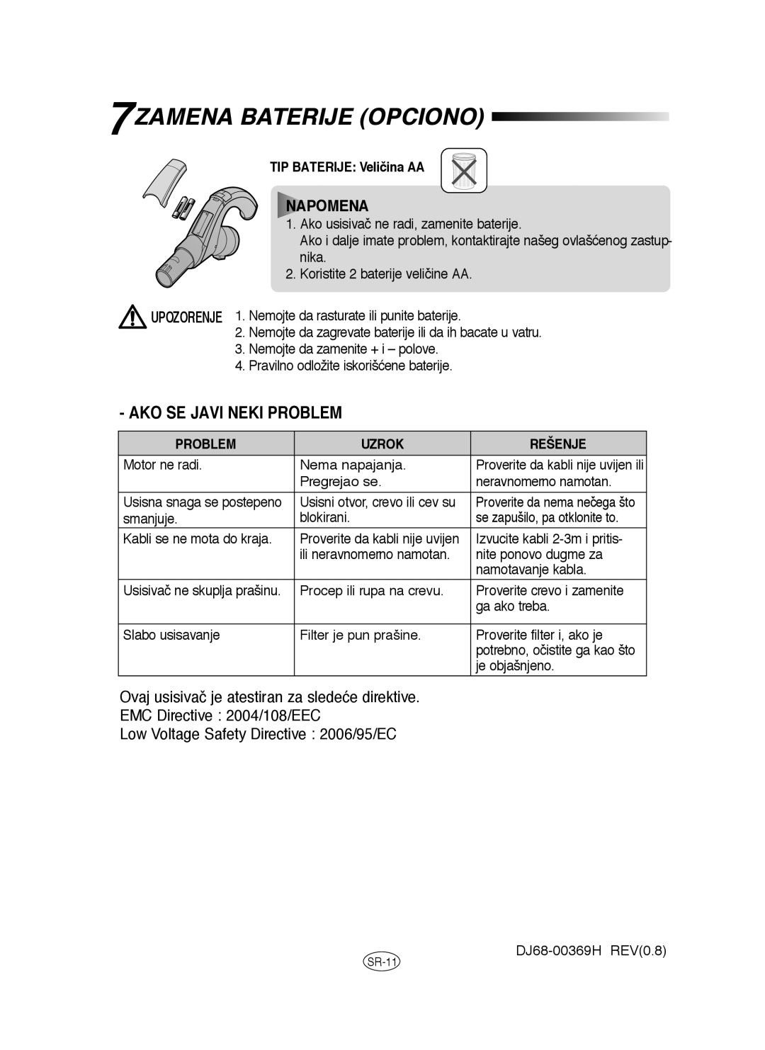 Samsung VCC9150H31/BOL, VCC9150H31/XEH, VCC91E0H3G/BOL, VCC91E0H3G/XEH manual 7ZAMENA Baterije Opciono 