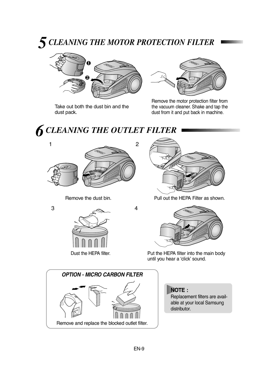 Samsung VCC9160H3C/XSB, VCC9160H3C/SBW manual 5CLEANING the Motor Protection Filter 