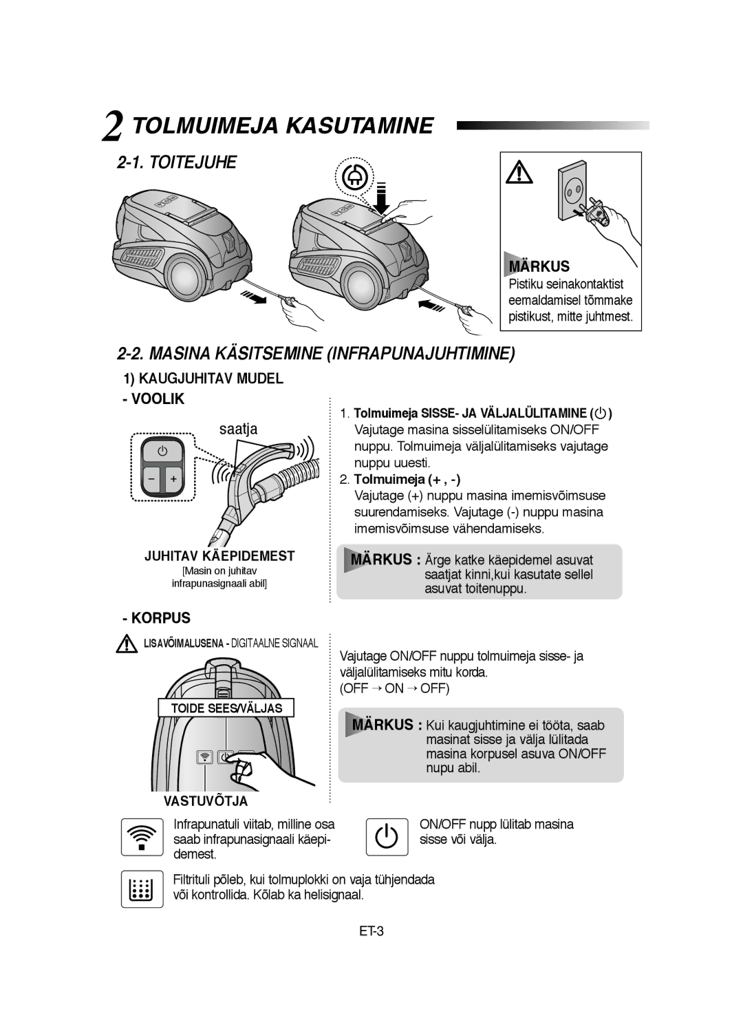 Samsung VCC9160H3C/SBW, VCC9160H3C/XSB manual Tolmuimeja Kasutamine, Toitejuhe, Masina Käsitsemine Infrapunajuhtimine 