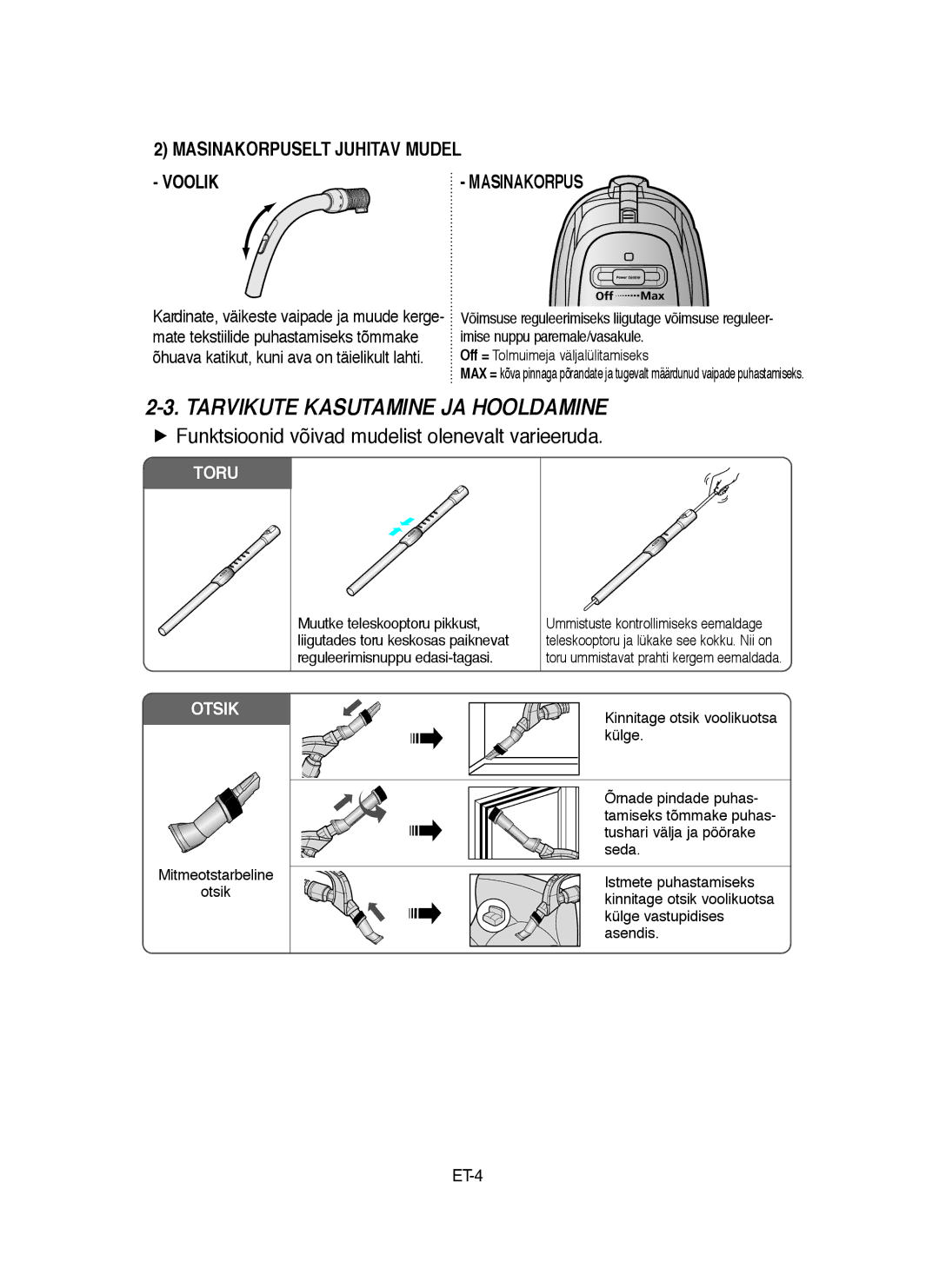 Samsung VCC9160H3C/XSB, VCC9160H3C/SBW manual Tarvikute Kasutamine JA Hooldamine, Masinakorpuselt Juhitav Mudel Voolik 