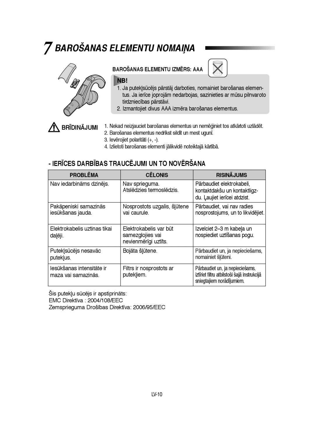 Samsung VCC9160H3C/SBW, VCC9160H3C/XSB manual Barošanas Elementu NOMAIøA 