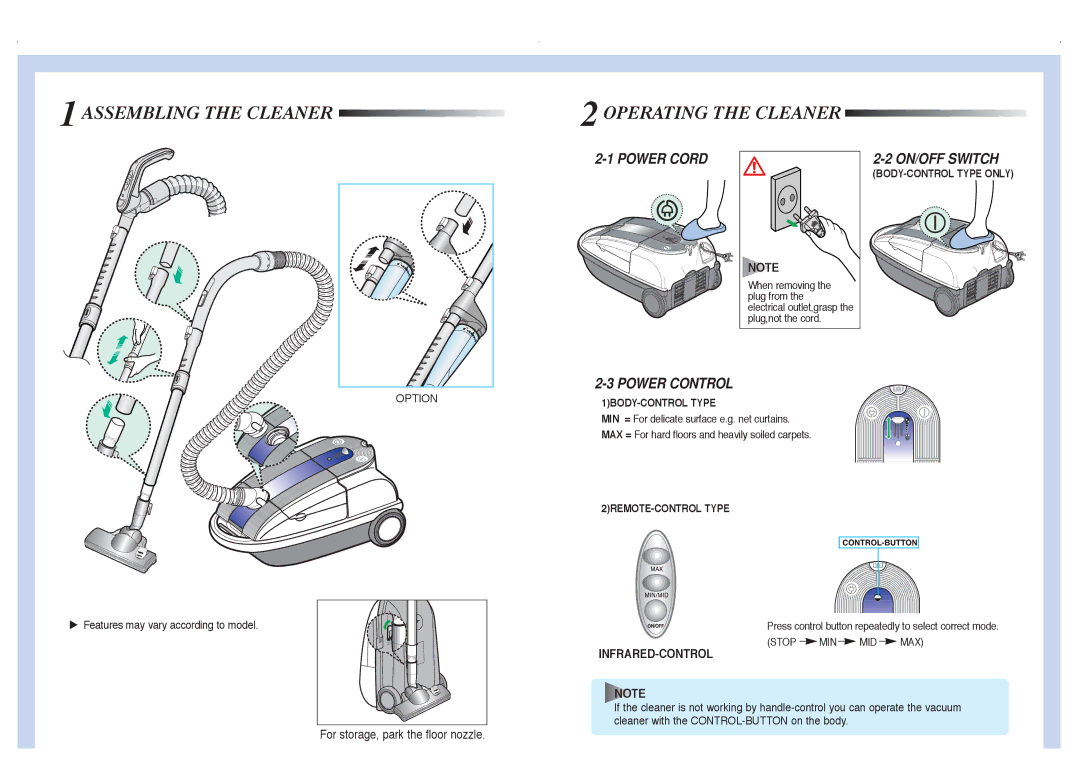 Samsung VCC9295V4R/ADH manual 1ASSEMBLING the Cleaner 2OPERATING the Cleaner, BODY-CONTROL Type only, 1BODY-CONTROL Type 