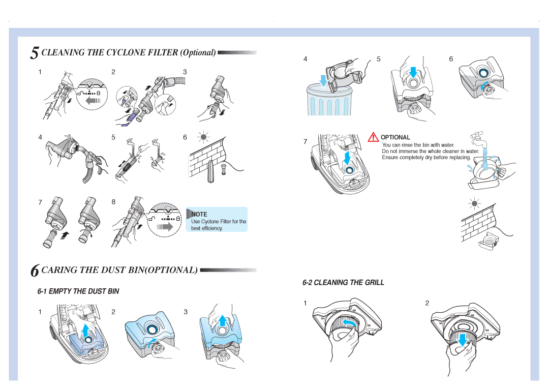 Samsung VCC9295V4R/ADH, VCC9250V3B/XFA manual 6CARING the Dust Binoptional, 5CLEANING the Cyclone Filter Optional 