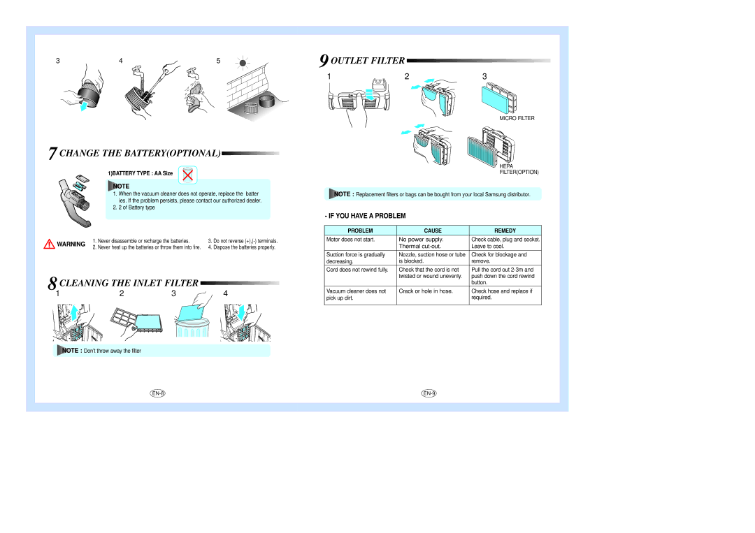 Samsung VCC9250V3B/XFA, VCC9250V4B/ATC, VCC9250V2B/FES Change the Batteryoptional, Cleaning the Inlet Filter Outlet Filter 