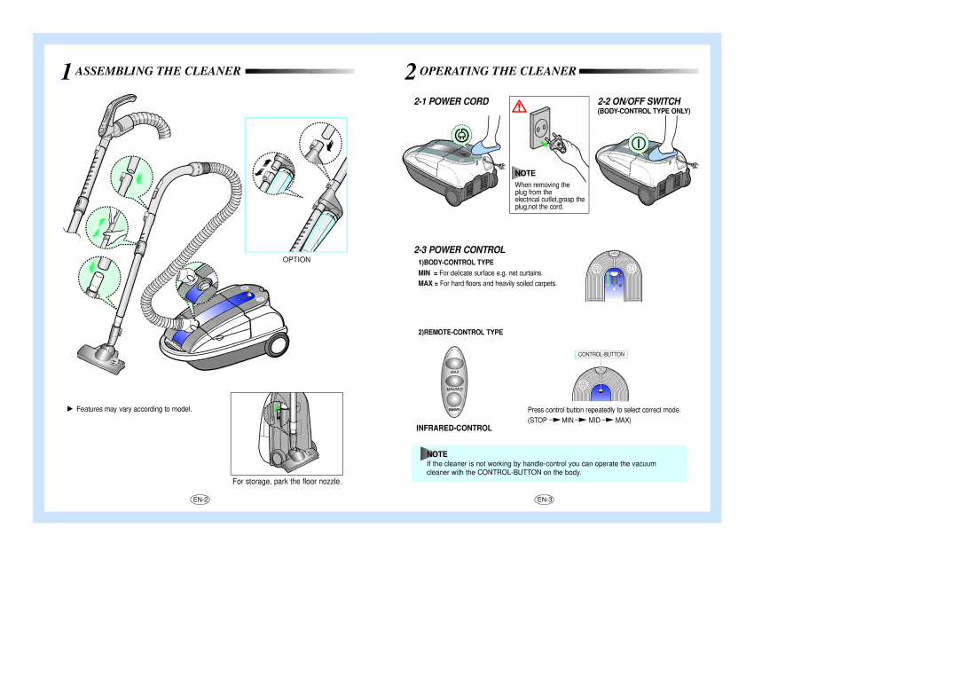 Samsung VCC9250V3B/XSG, VCC9250V4B/ATC, VCC9250V2B/FES manual Assembling the Cleaner Operating the Cleaner, ON/OFF Switch 