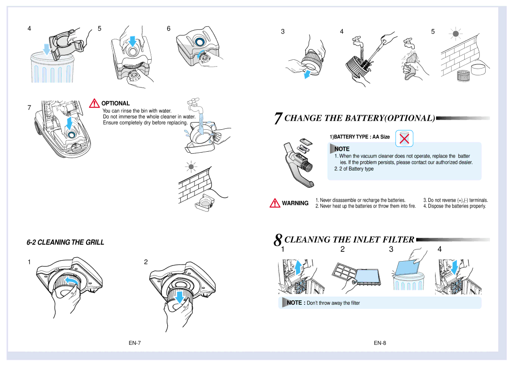 Samsung VCC9273E3W/SBW, VCC9271E3R/SBW manual Change the Batteryoptional, Cleaning the Inlet Filter 