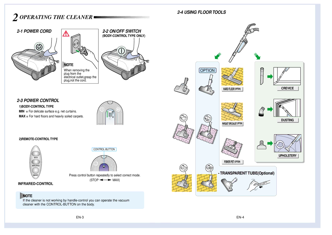 Samsung VCC9273E3W/SBW, VCC9271E3R/SBW manual Operating the Cleaner, Power Control 