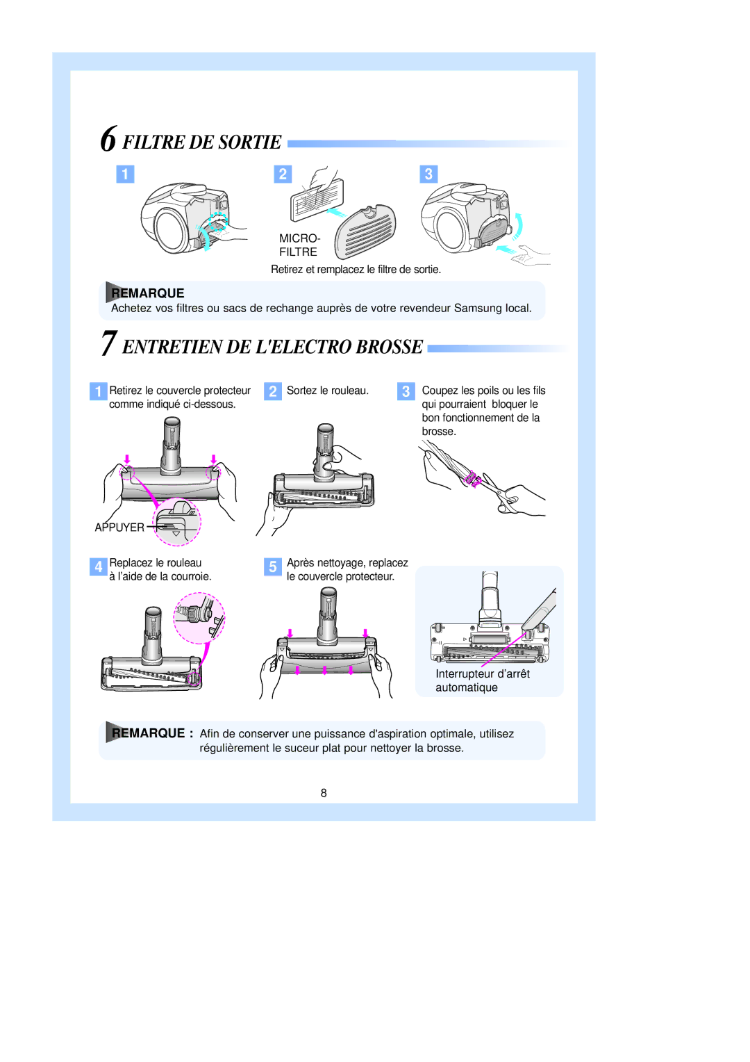 Samsung VCC9350H3S/XEF manual Filtre DE Sortie, Entretien DE Lelectro Brosse 