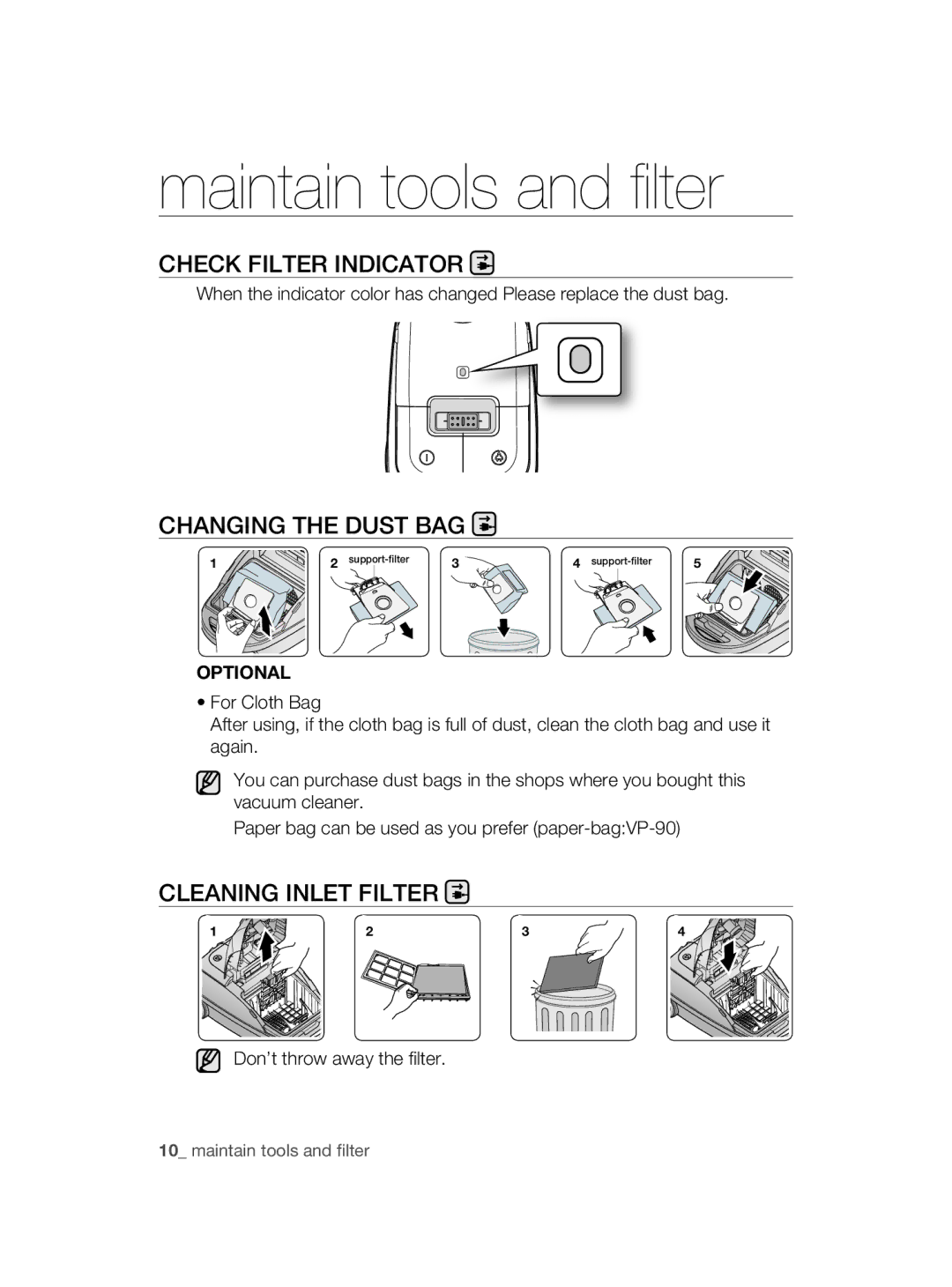 Samsung VCC9380V3R/BAY, VCC9380V3S/BAY manual Check filter indicator, Changing the dust bag, Cleaning inlet filter, Optional 