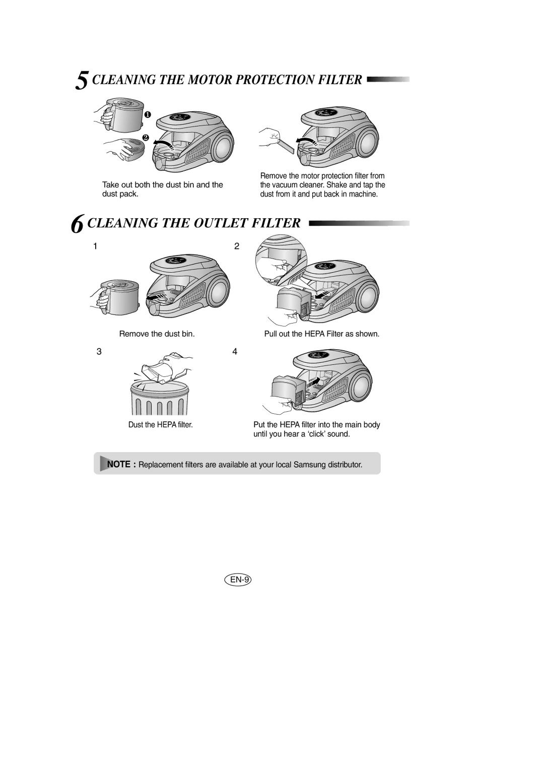 Samsung VCC9540H2K/TWL, VCC9540H2K/XSV manual 5CLEANING the Motor Protection Filter, 6CLEANING the Outlet Filter 