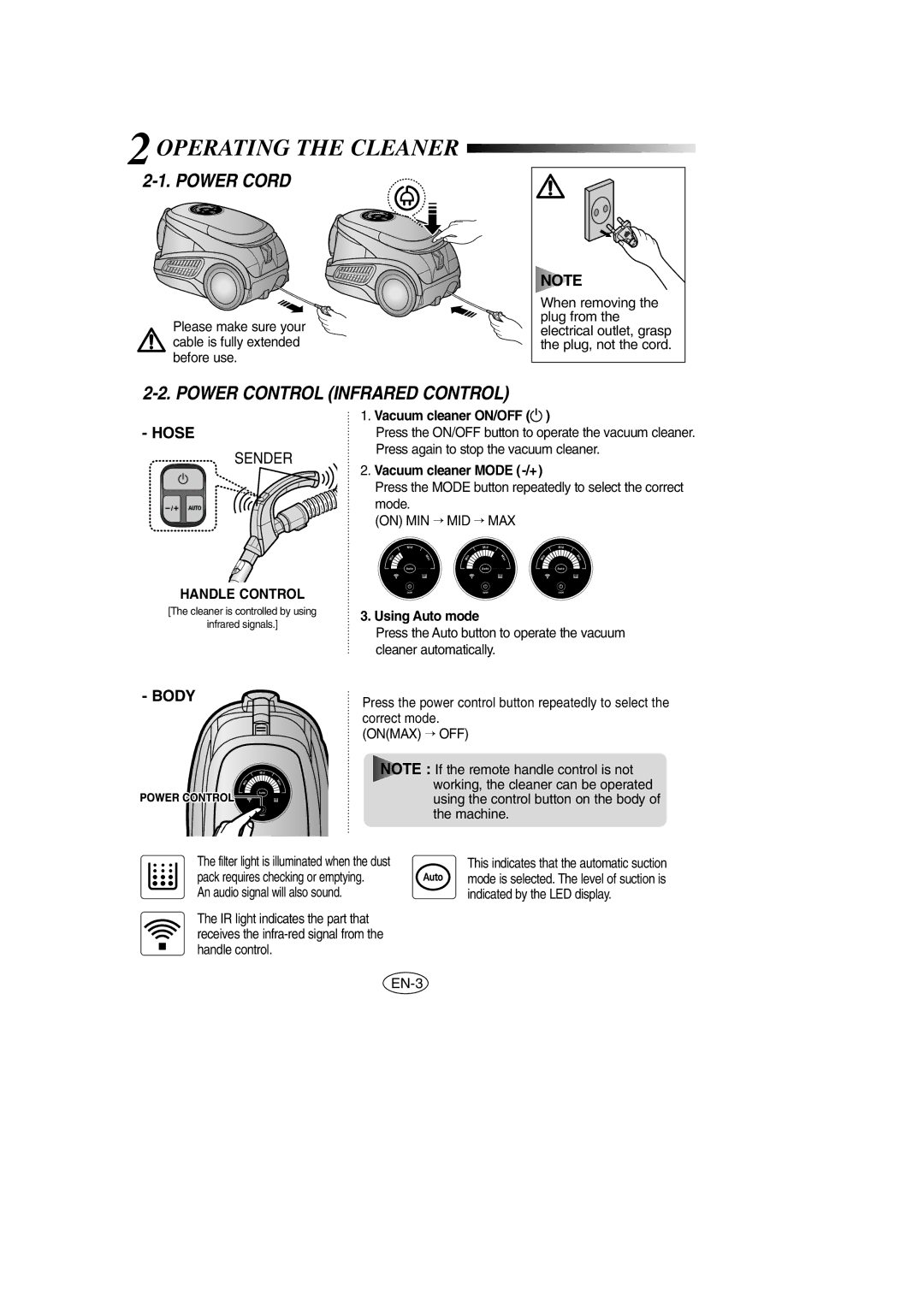 Samsung VCC9540H2K/TWL, VCC9540H2K/XSV manual 2OPERATING the Cleaner, Power Cord, Power Control Infrared Control 