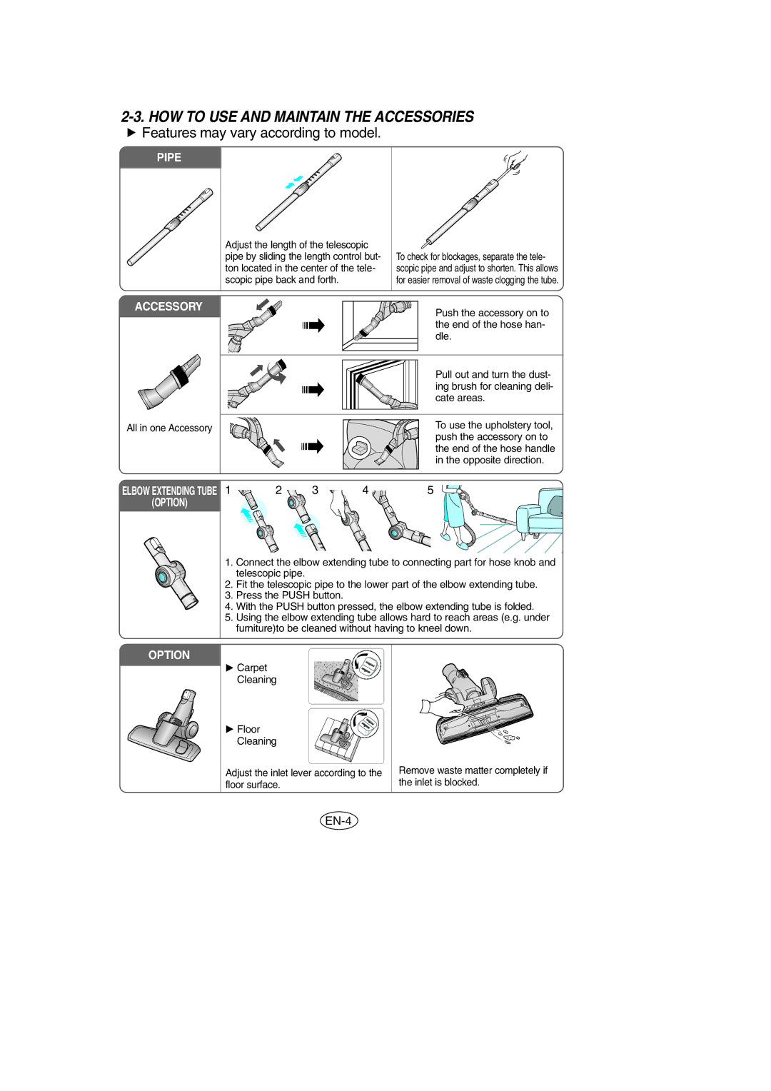 Samsung VCC9540H2K/XSV, VCC9540H2K/TWL manual HOW to USE and Maintain the Accessories, Features may vary according to model 