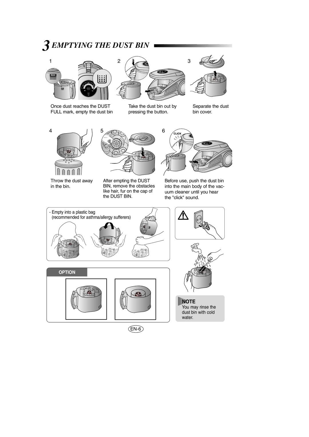 Samsung VCC9540H2K/XSV, VCC9540H2K/TWL manual 3EMPTYING the Dust BIN 