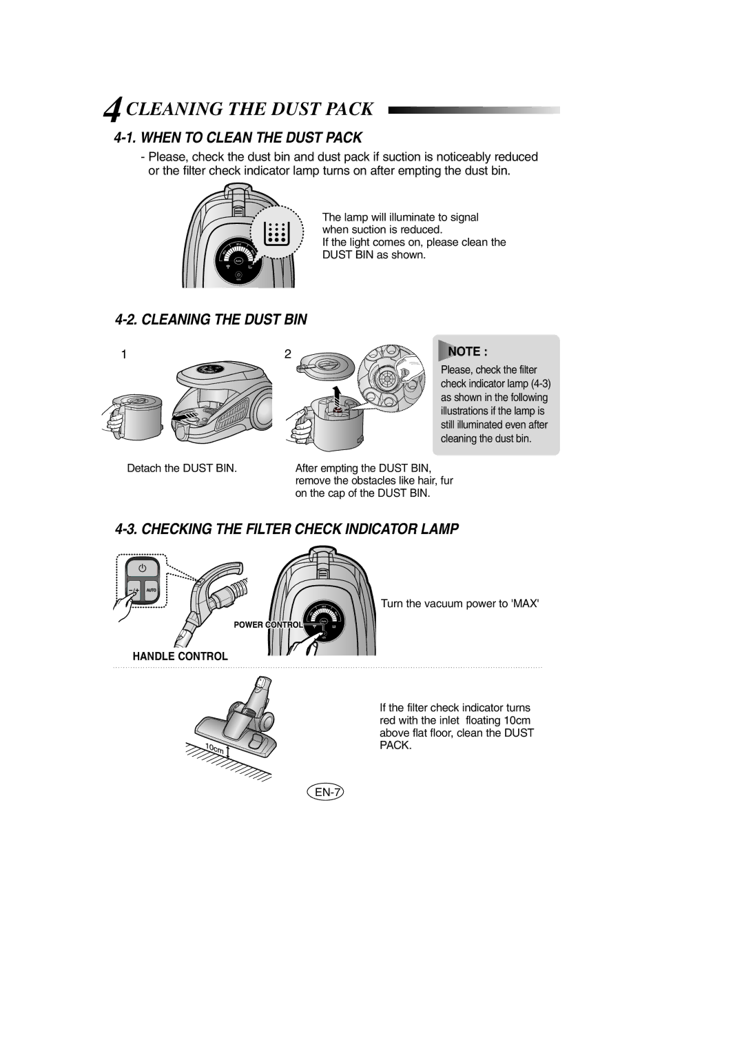 Samsung VCC9540H2K/TWL, VCC9540H2K/XSV manual 4CLEANING the Dust Pack, When to Clean the Dust Pack, Cleaning the Dust BIN 