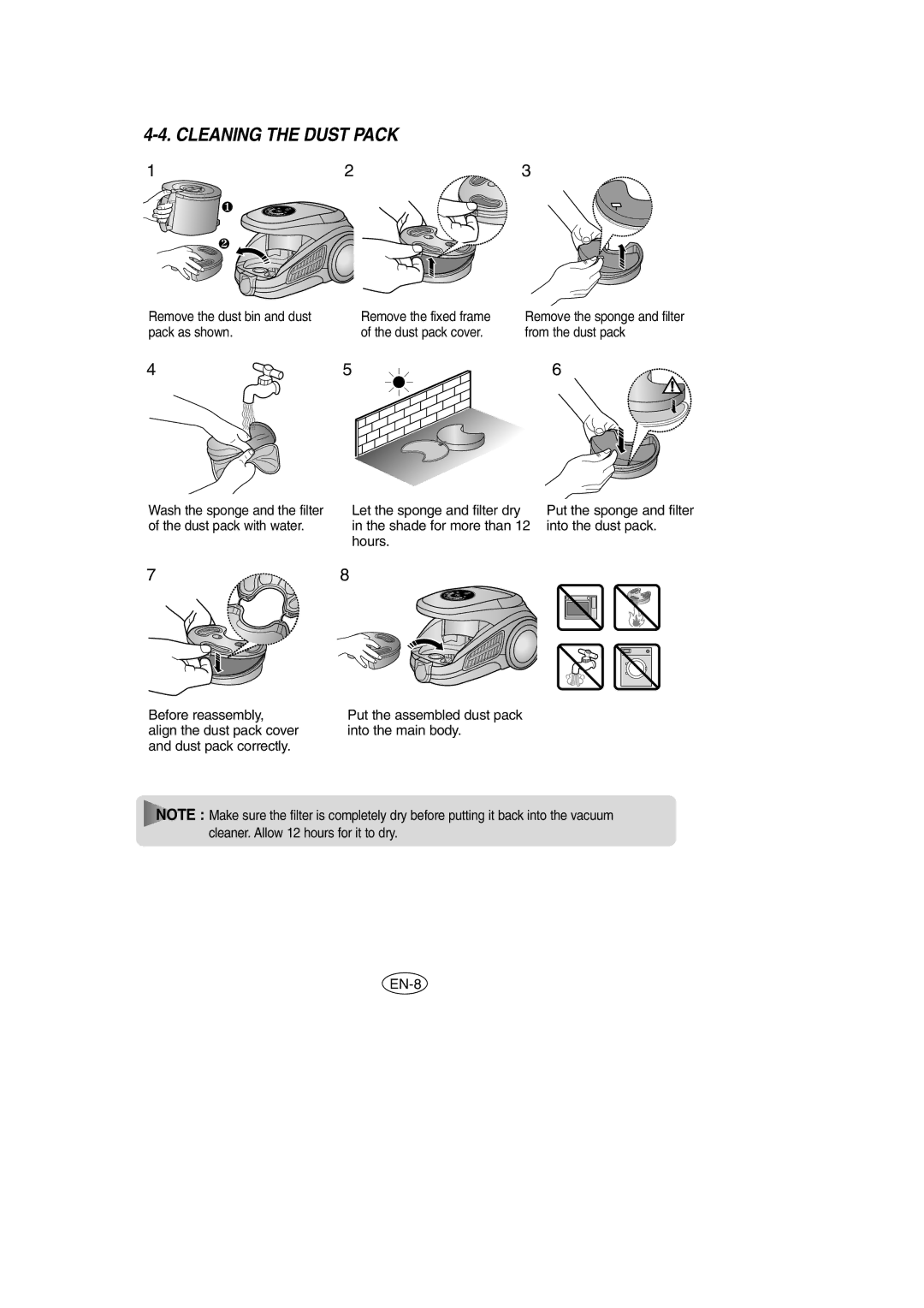 Samsung VCC9540H2K/XSV, VCC9540H2K/TWL manual Cleaning the Dust Pack 