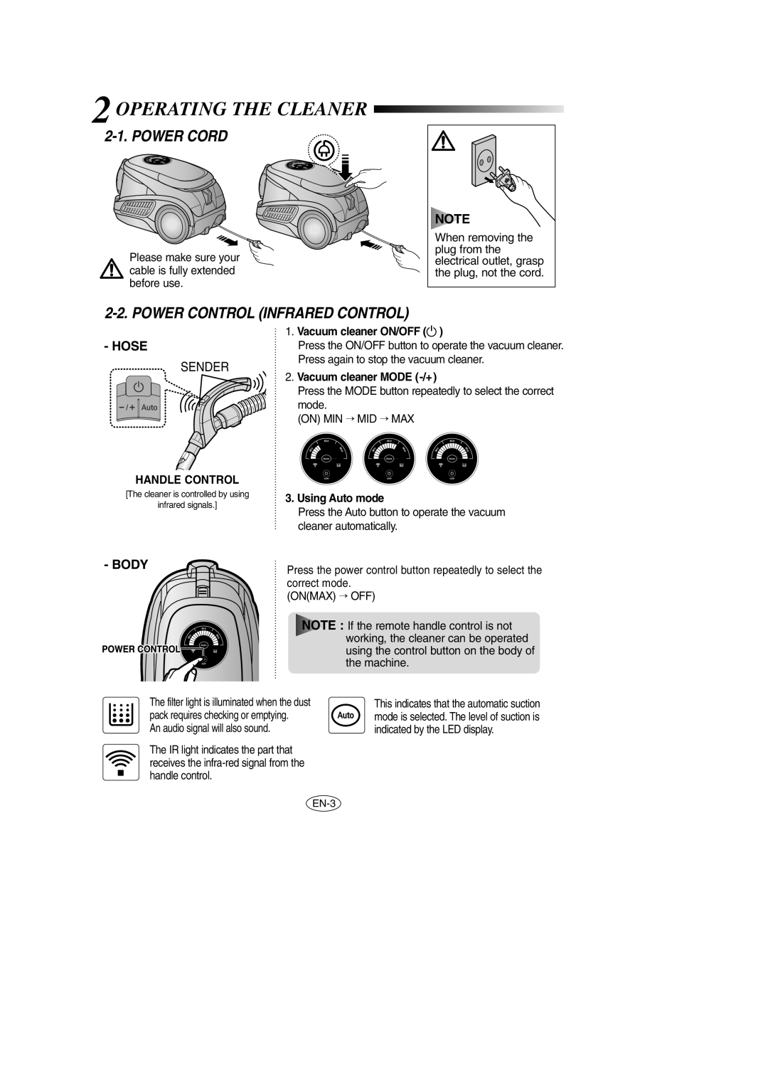 Samsung VCC9540H3S/BOL, VCC9540H3K/EUR manual 2OPERATING the Cleaner, Power Cord 