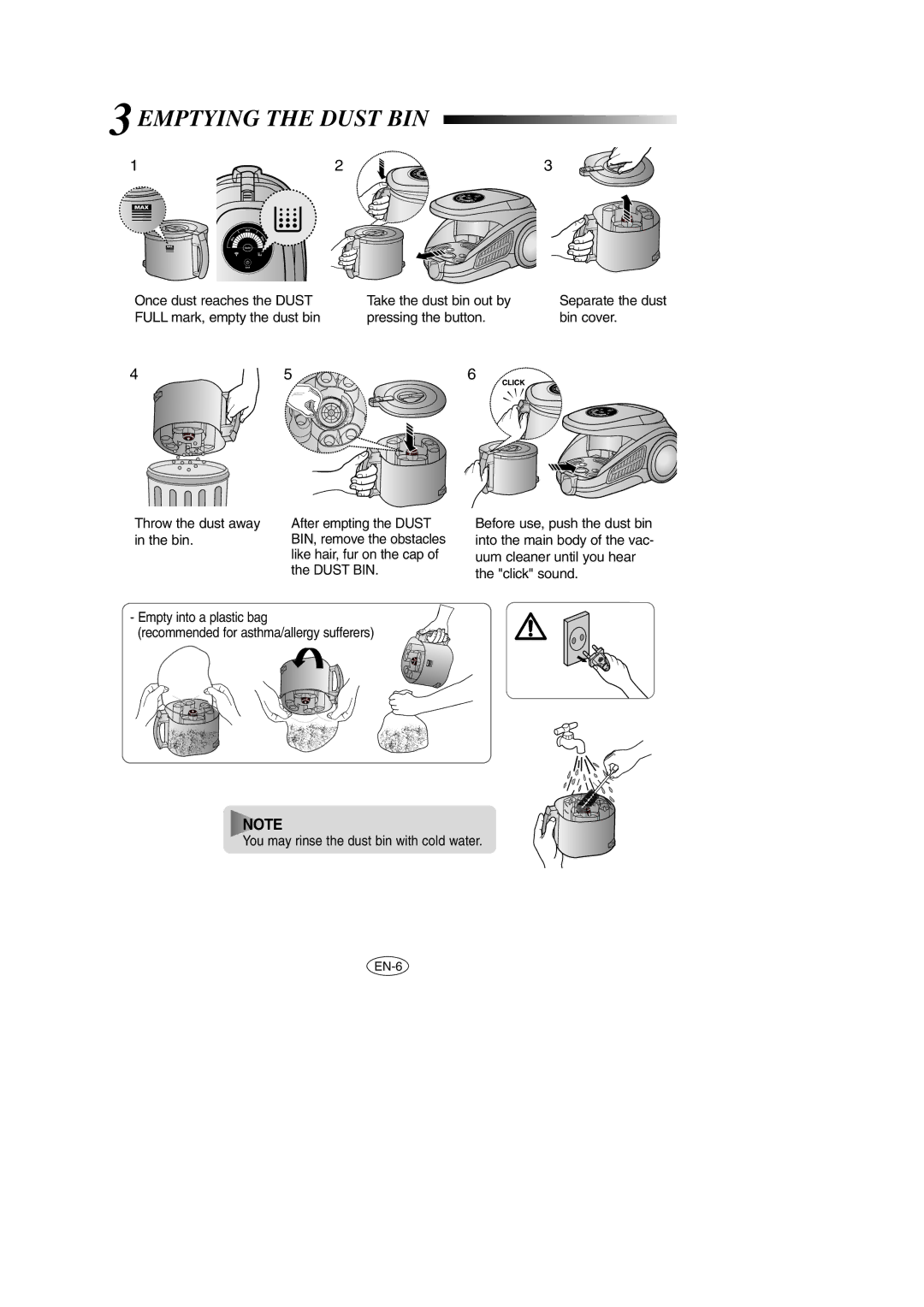 Samsung VCC9540H3K/EUR, VCC9540H3S/BOL manual 3EMPTYING the Dust BIN 