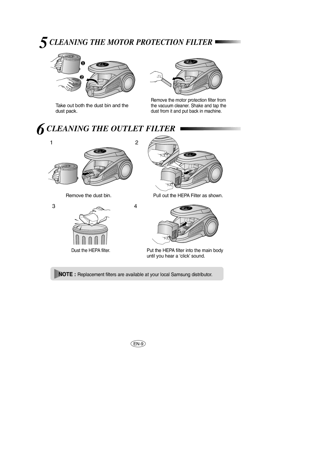 Samsung VCC9540H3S/BOL, VCC9540H3K/EUR manual 5CLEANING the Motor Protection Filter, 6CLEANING the Outlet Filter 