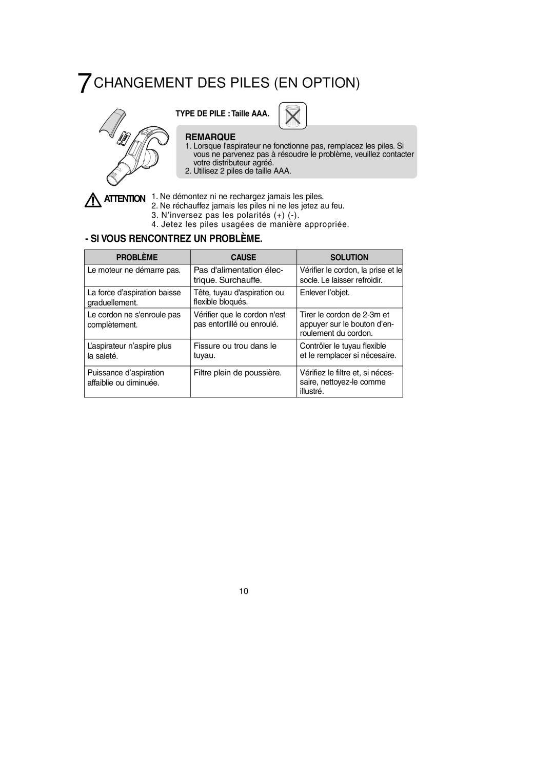 Samsung VCC9540H3K/XSG, VCC9540H4K/XSA, VCC9540H3K/XEF manual Changement DES Piles EN Option, SI Vous Rencontrez UN Problème 